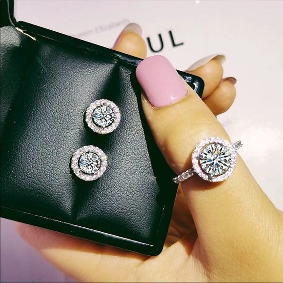 Jewelry - 925 sterling silver engagement wedding ring and earring solitaire